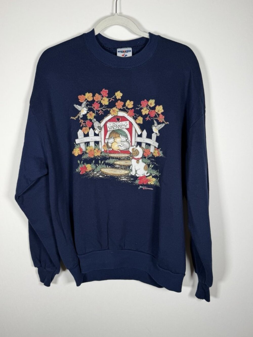 Vintage 90s Jerzees Morning Sun navy autumn cats dogs NO VACANCY sweatshirt XL